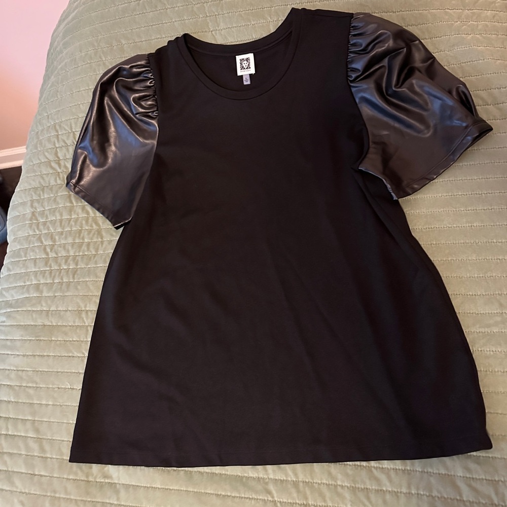 Black Puff Sleeve (Faux Leather) Top